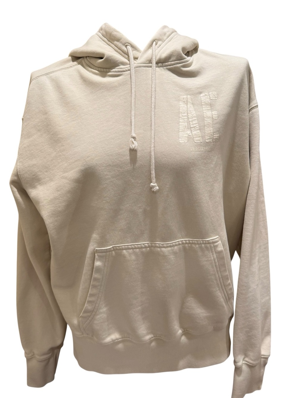 Women’s American Eagle Relaxed Fit Cream AE Logo Hoodie Size XS.